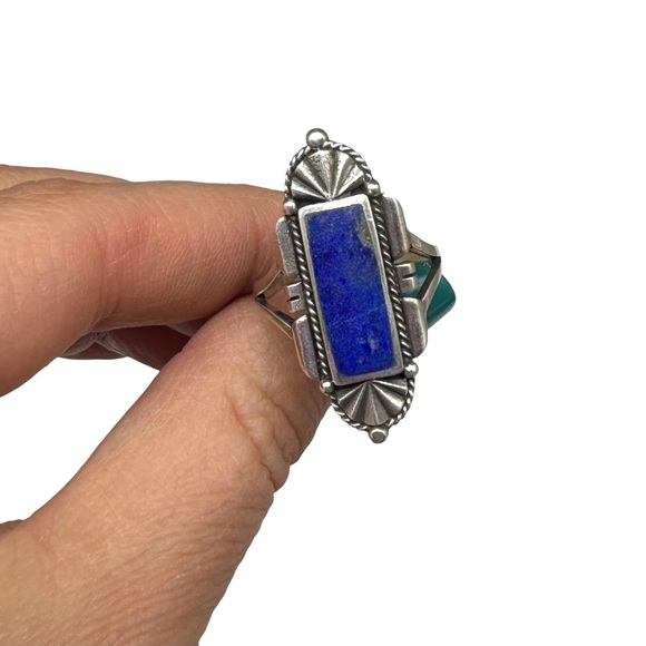 Lapis Lazuli Ring Size 9 Solid 925 Sterling Silver Art Deco Design Blue Stone - Picture 3 of 6